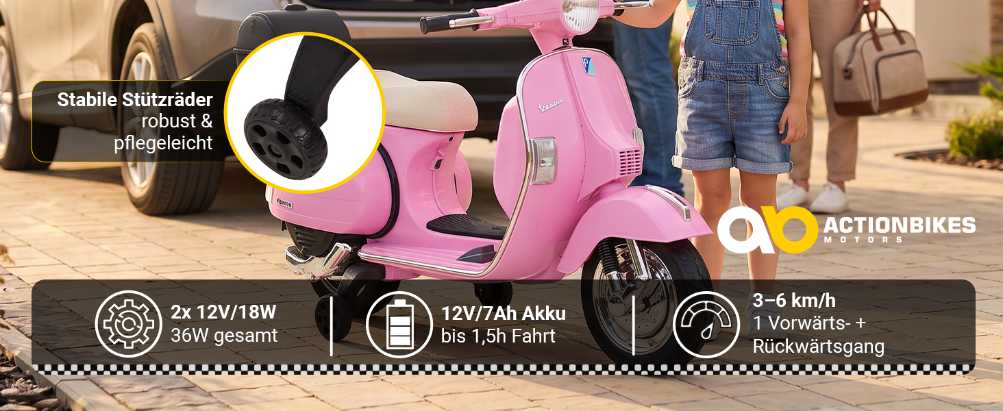 Kinder Elektro-Vespa – Leistung, Akku & Fahrkomfort Rosa Kinder Elektro-Vespa mit stabilen Stützrädern, zwei 18-Watt-Motoren, 12V/7Ah-Akku und einer Geschwindigkeit von 3–6 km/h.